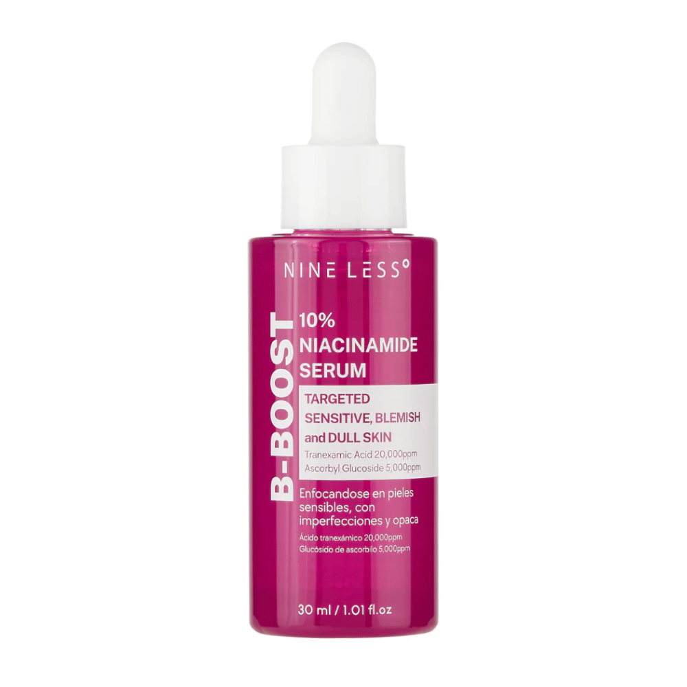 B-Boost 10% Niacinamide Serum in a bottle with a dropper.