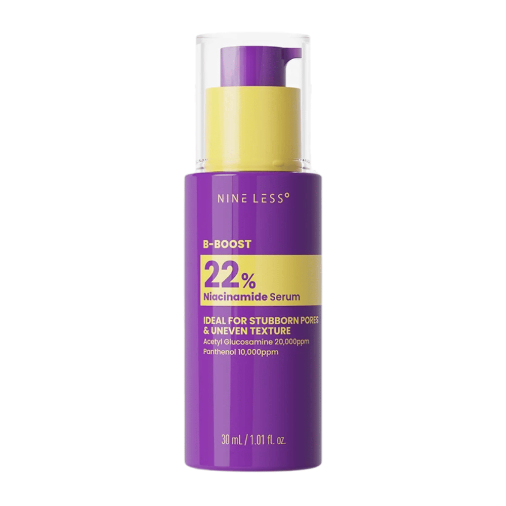 7. NINE LESS B-Boost 22% Niacinamide Serum 30 ml – purple pump bottle with 22% niacinamide for uneven skin texture