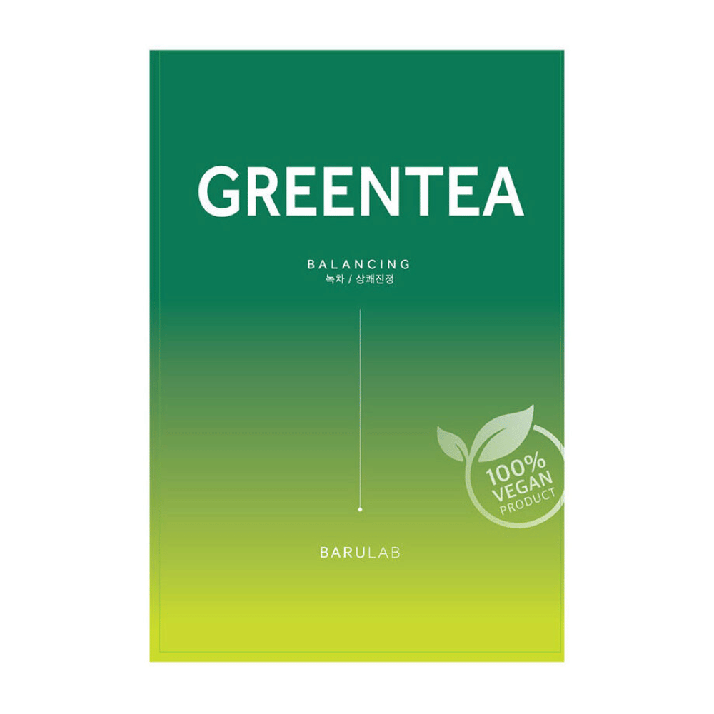 A package of BARULAB "GREENTEA Balancing" mask, labeled as "100% Vegan Product". The package has a color gradient from dark green to light yellow.