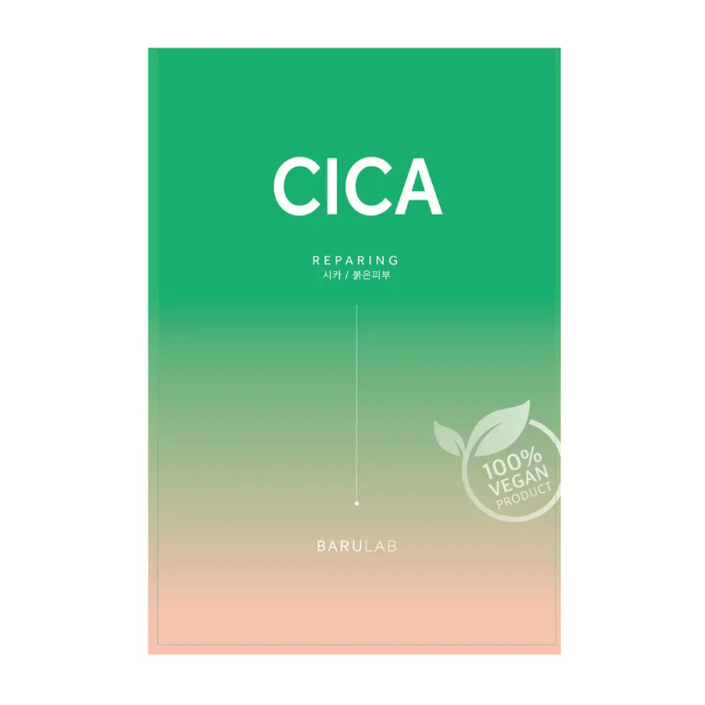 A package from BARULAB for a "CICA Repairing" mask, noted as "100% Vegan Product". The packaging has a gradient color transitioning from dark green to lighter tones towards the bottom.