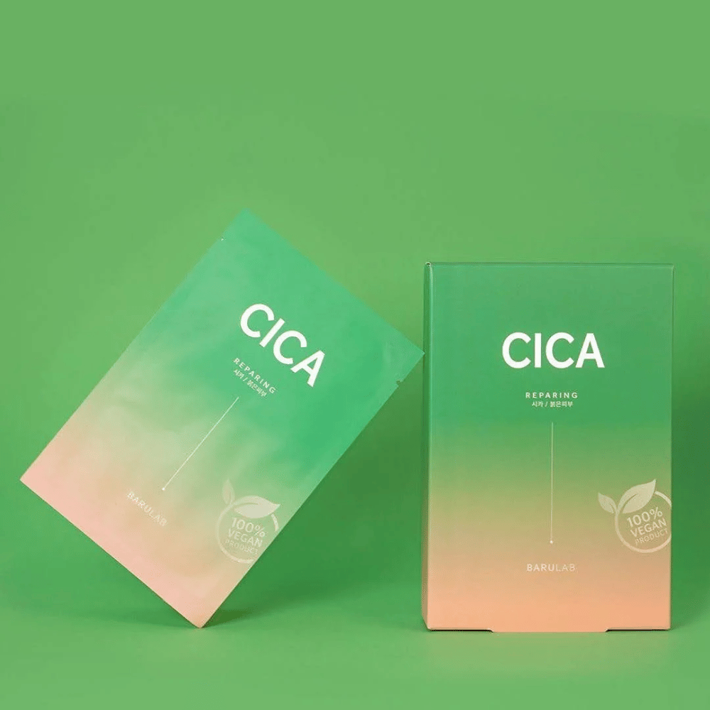 Two products from BARULAB, one in a bag and one in a box, both labeled with "CICA Repairing" against a uniform green background. The products are also labeled as "100% Vegan Product".