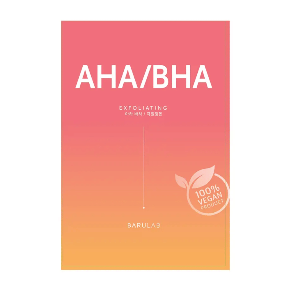 A BARULAB product packaging for an "AHA/BHA Exfoliating" mask, noted as "100% Vegan Product". The packaging transitions in color from red to yellow.