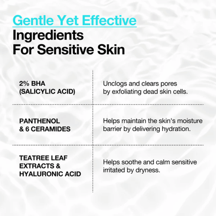 Anua BHA 2% Gentle Exfoliating Toner – ingredients for sensitive skin with 2% BHA, panthenol, ceramides, and hyaluronic acid
