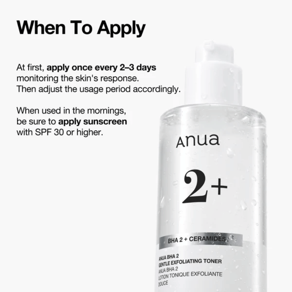 Anua BHA 2% Gentle Exfoliating Toner with ceramides – usage instructions, exfoliating toner for sensitive skin with BHA (salicylic acid)