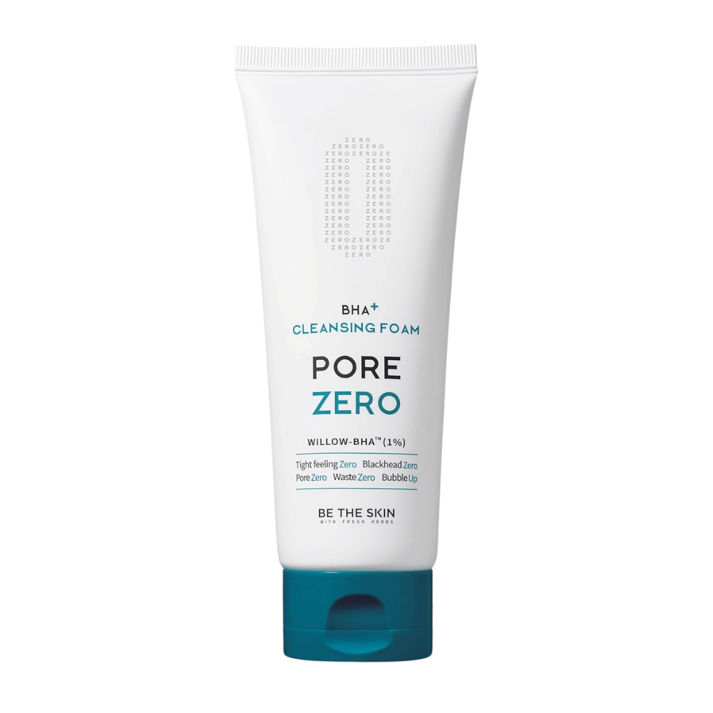 Isolated product image of Be The Skin Pore Zero BHA+ Cleansing Foam with a white tube and blue cap. The minimalist design highlights the product's modern and clinical aesthetic as well as its focus on pore care and gentle exfoliation.