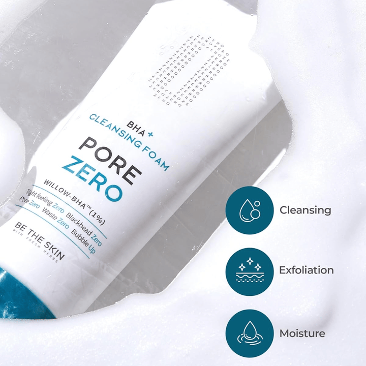 Product image focusing on the cleanser's three main properties: cleansing, exfoliation, and hydration. Icons and water/foam effects enhance the feeling of a fresh and balancing face wash.