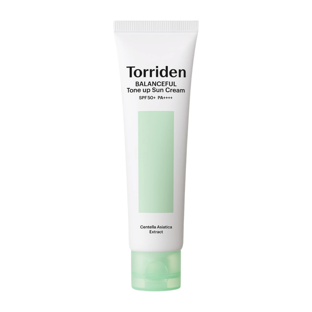 Torriden Balanceful Tone Up Sun Cream SPF50+ PA++++ product image on a white background with Centella Asiatica for soothing care and daily UV protection.