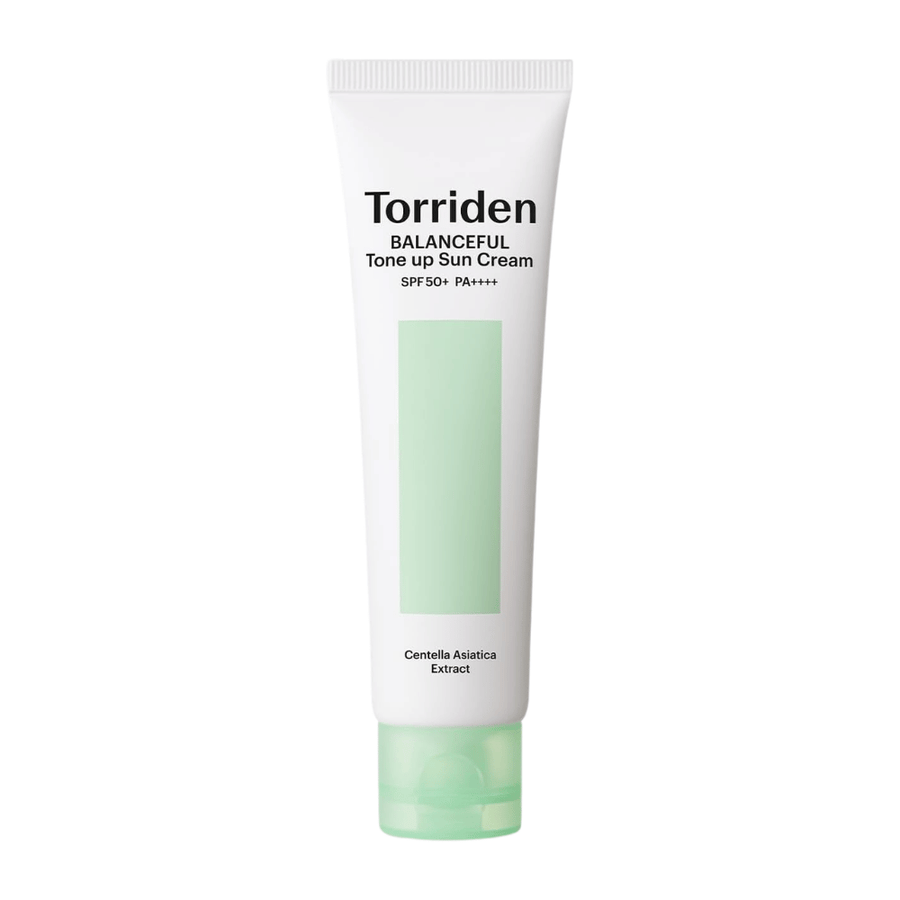 Torriden Balanceful Tone Up Sun Cream SPF50+ PA++++ product image on a white background with Centella Asiatica for soothing care and daily UV protection.