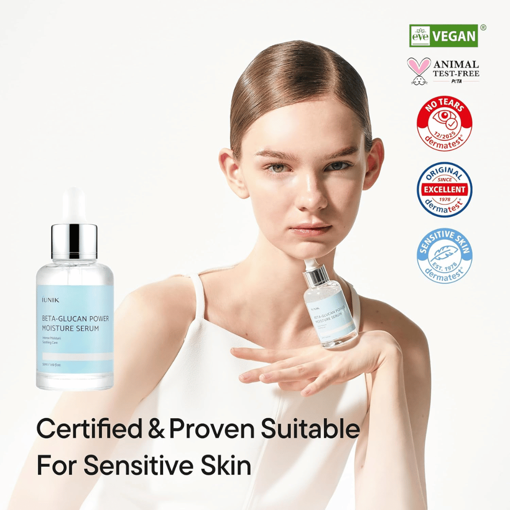 iUNIK Beta-Glucan Power Moisture Serum – vegan and cruelty-free serum suitable for sensitive skin and strengthens the skin barrier