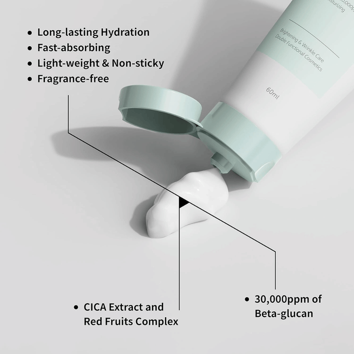 Close-up of iUNIK Beta-Glucan Daily Moisture Cream with the cream being squeezed out of the tube. The image highlights the product’s light texture and key properties such as long-lasting hydration, quick absorption, a non-sticky feel, fragrance-free formula, beta-glucan, and soothing ingredients like CICA extract.