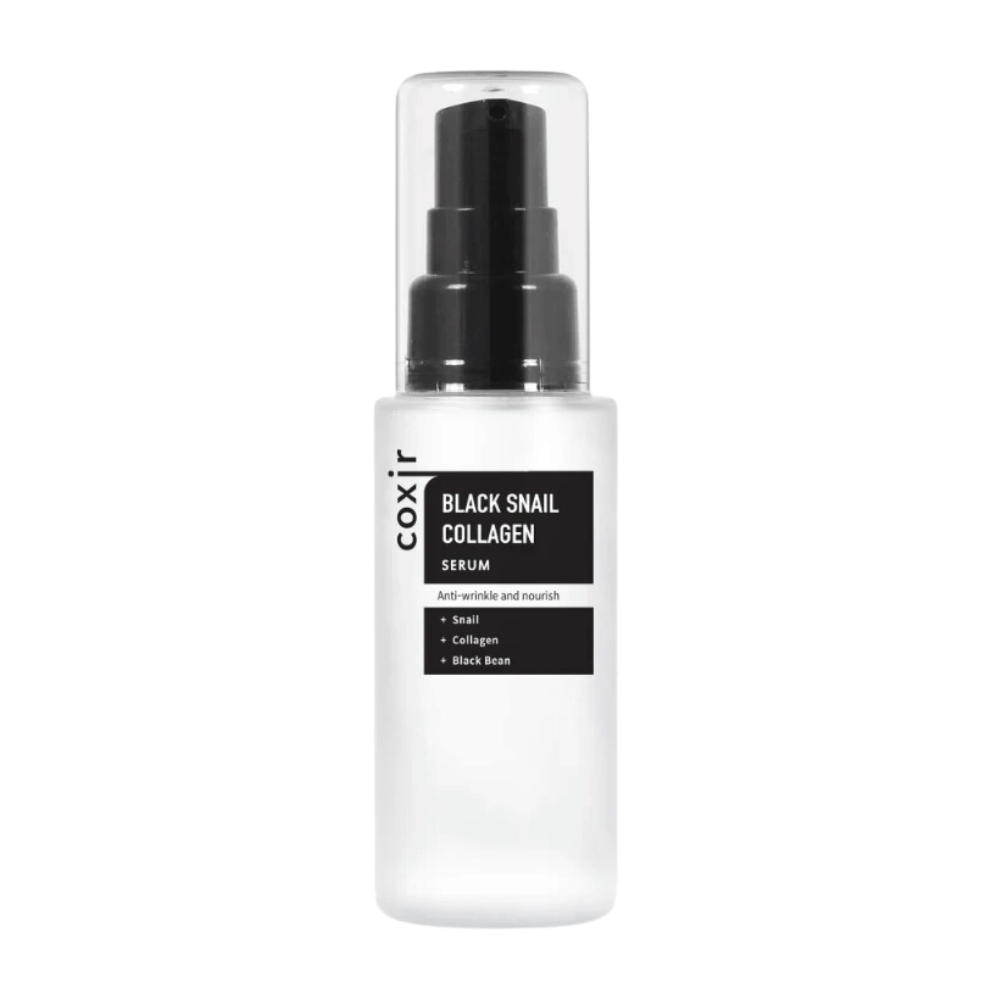 The image shows a bottle of "Black Snail Collagen Serum". The product is intended for skincare, with anti-wrinkle properties and nourishment. Highlighted ingredients are snail extract, collagen, and black bean.