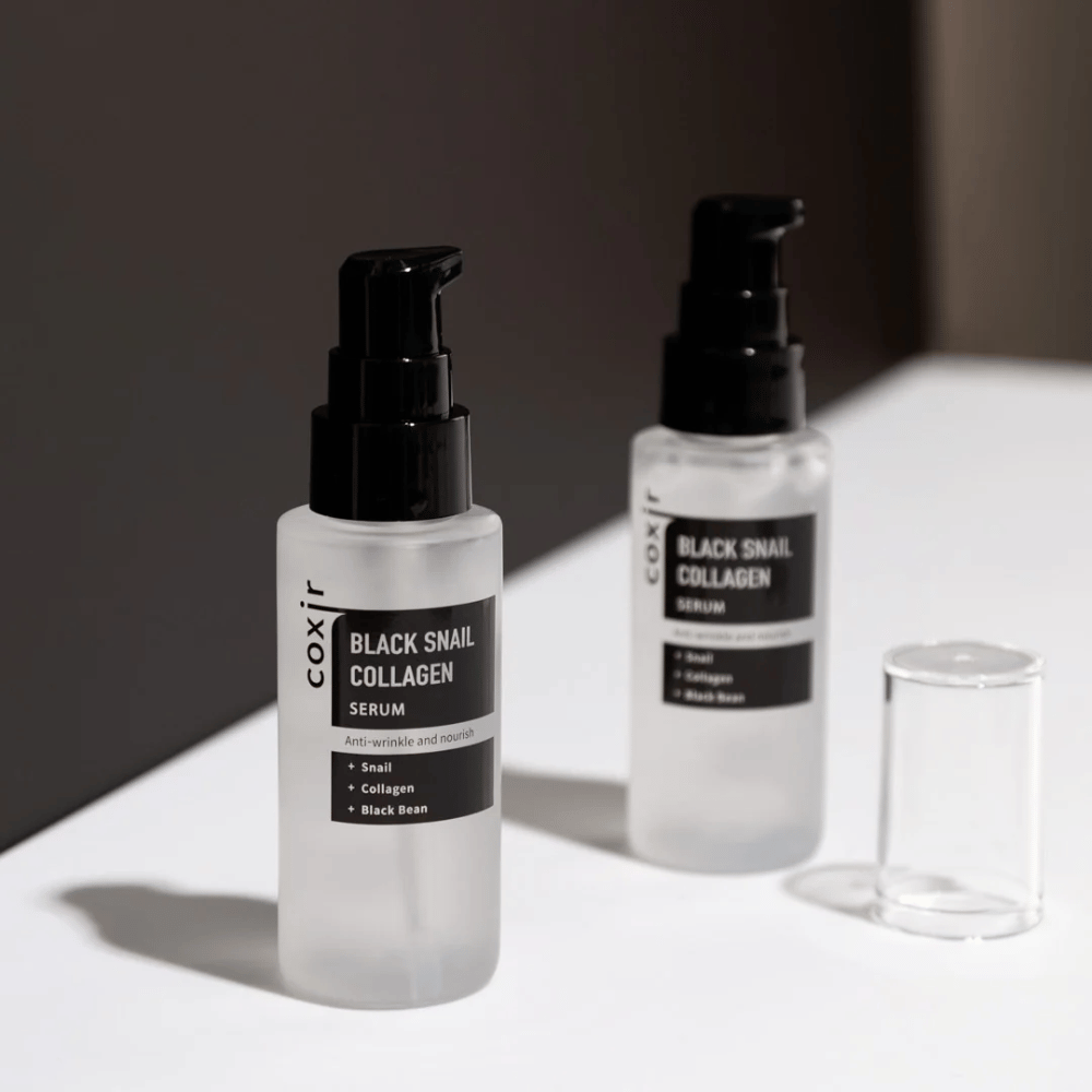  The image shows two bottles of "Black Snail Collagen Serum". The serum is marketed as anti-wrinkle and nourishing, with ingredients like snail extract, collagen, and black bean.