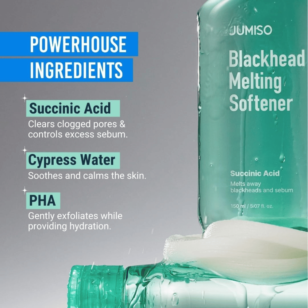 Närbild av JUMISO Blackhead Melting Softener-flaska. Text visar nyckelingredienser: succinic acid, cypress water och PHA för porrengöring.