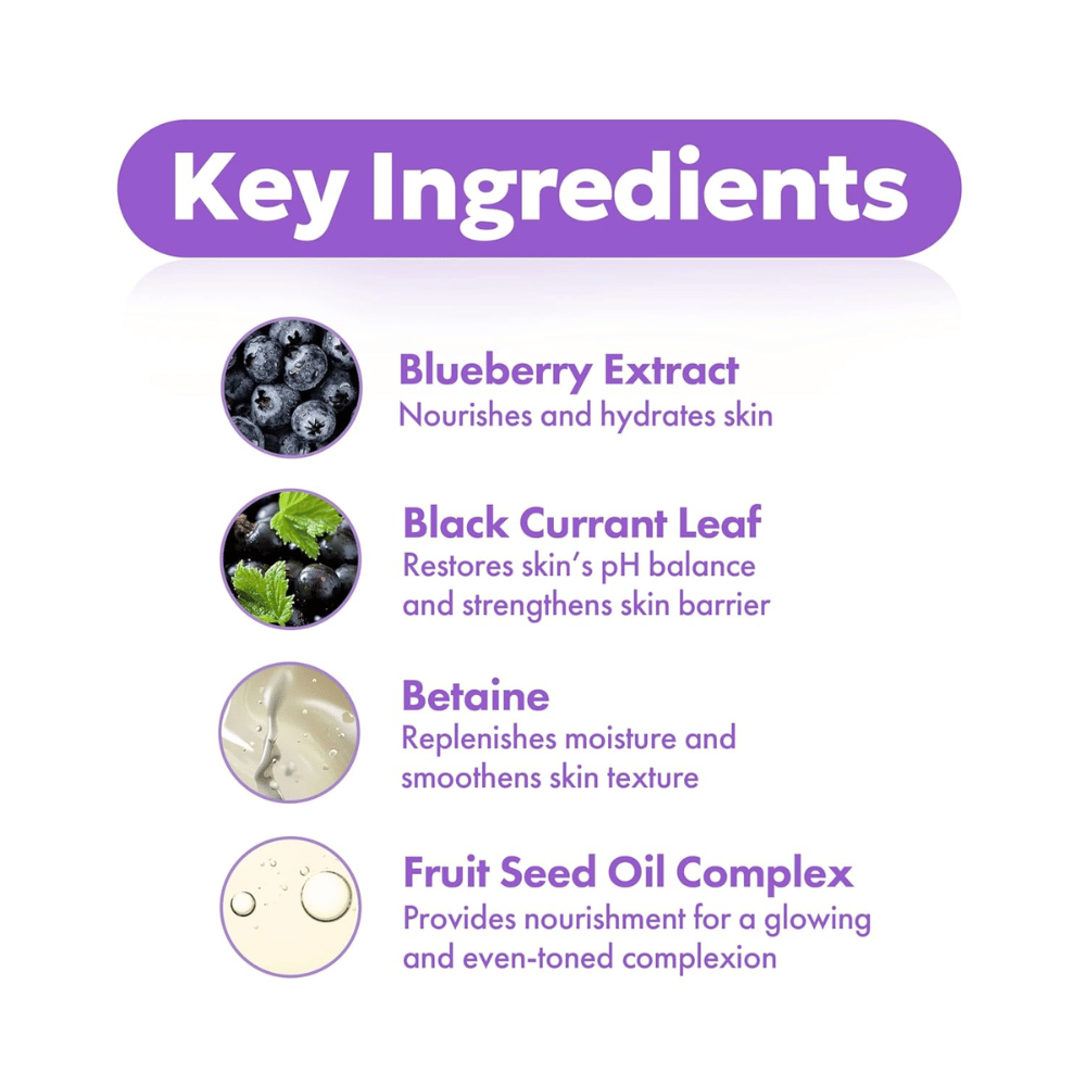 Key ingredients in FRUDIA Blueberry Hydrating Intensive Cream with blueberry extract, blackcurrant leaf, betaine and fruit seed oil complex
