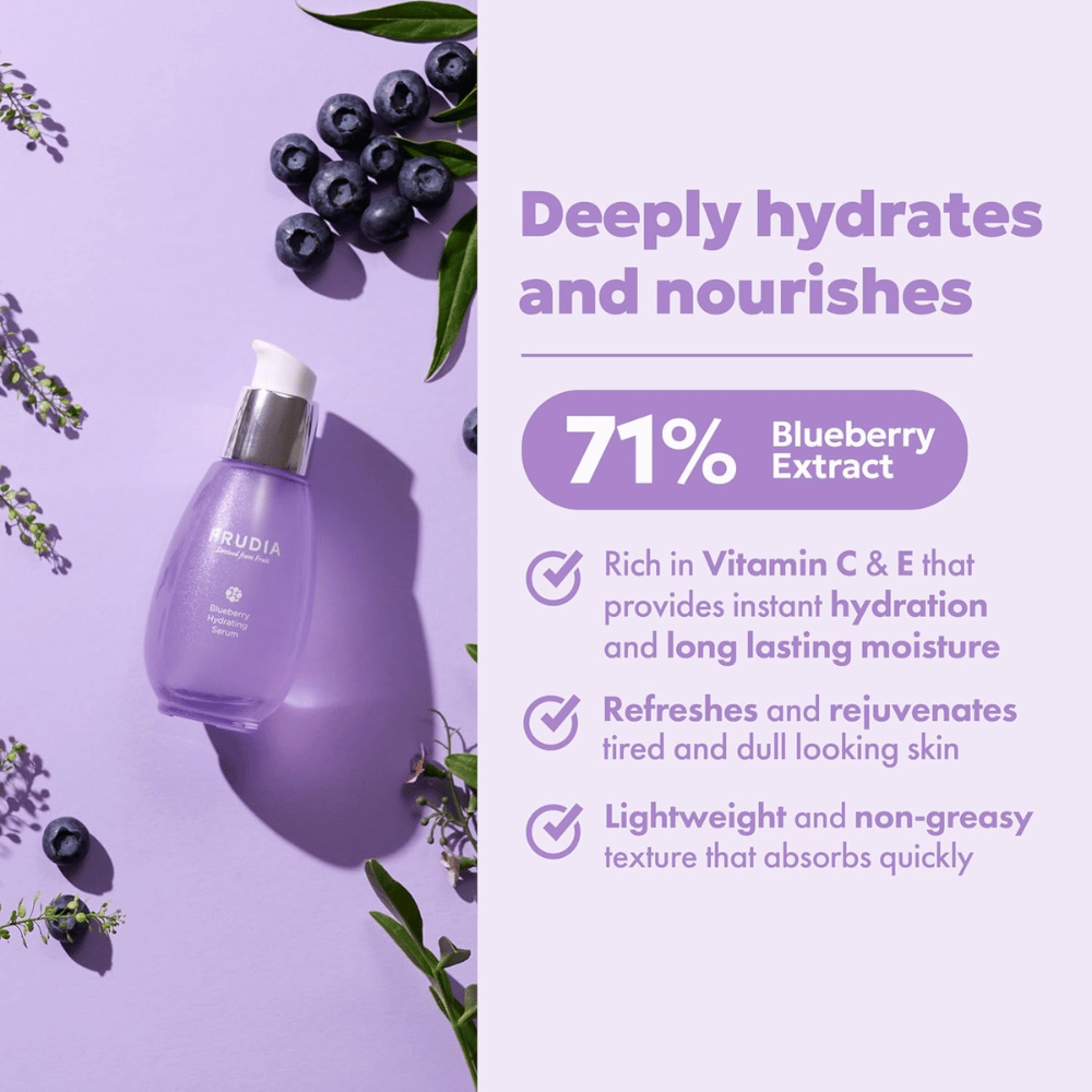 FRUDIA Blueberry Hydrating Serum with 71% blueberry extract providing intense hydration, long-lasting moisture, light texture, and fresh radiance to dry skin.