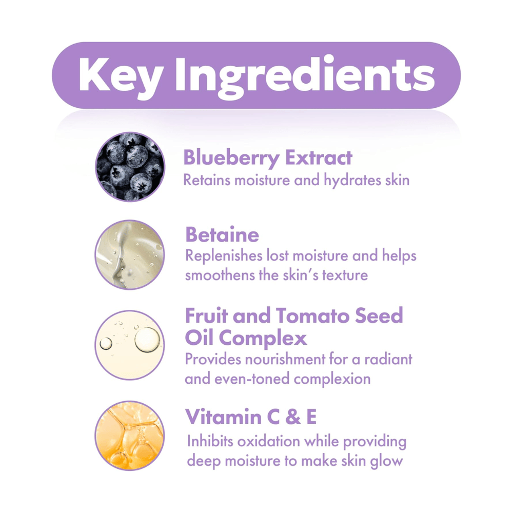 Key ingredients in FRUDIA Blueberry Hydrating Serum with blueberry extract, betaine, seed oil complex, and vitamins C and E for hydrated and radiant skin.