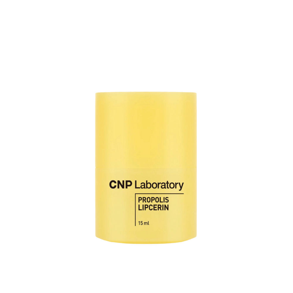 A yellow tube of CNP Laboratory Propolis Lipcerin with a simple, clean design. The product contains 15 ml and is designed to provide intense hydration and care for the lips.