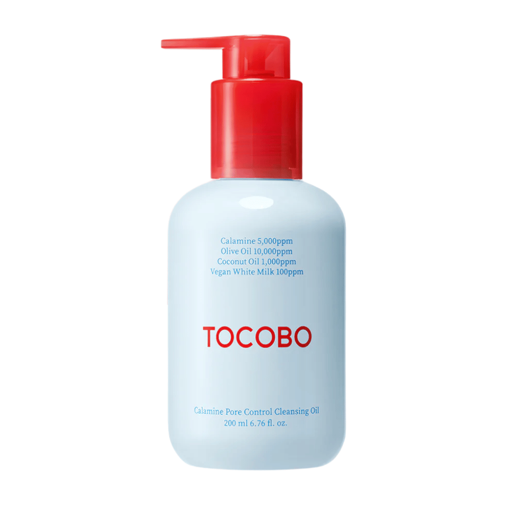 TOCOBO Calamine Pore Control Cleansing Oil with red pump bottle and blue text on light blue bottle, showing main ingredients and volume 200 ml.