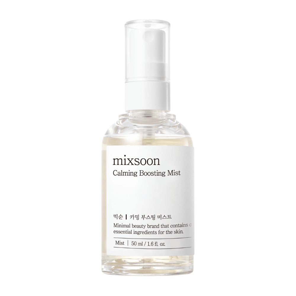 A transparent spray bottle with Mixsoon Calming Boosting Mist. The bottle is labeled with a simple, white label showing the product name and describing the contents as essential ingredients for the skin, in a minimalist style.