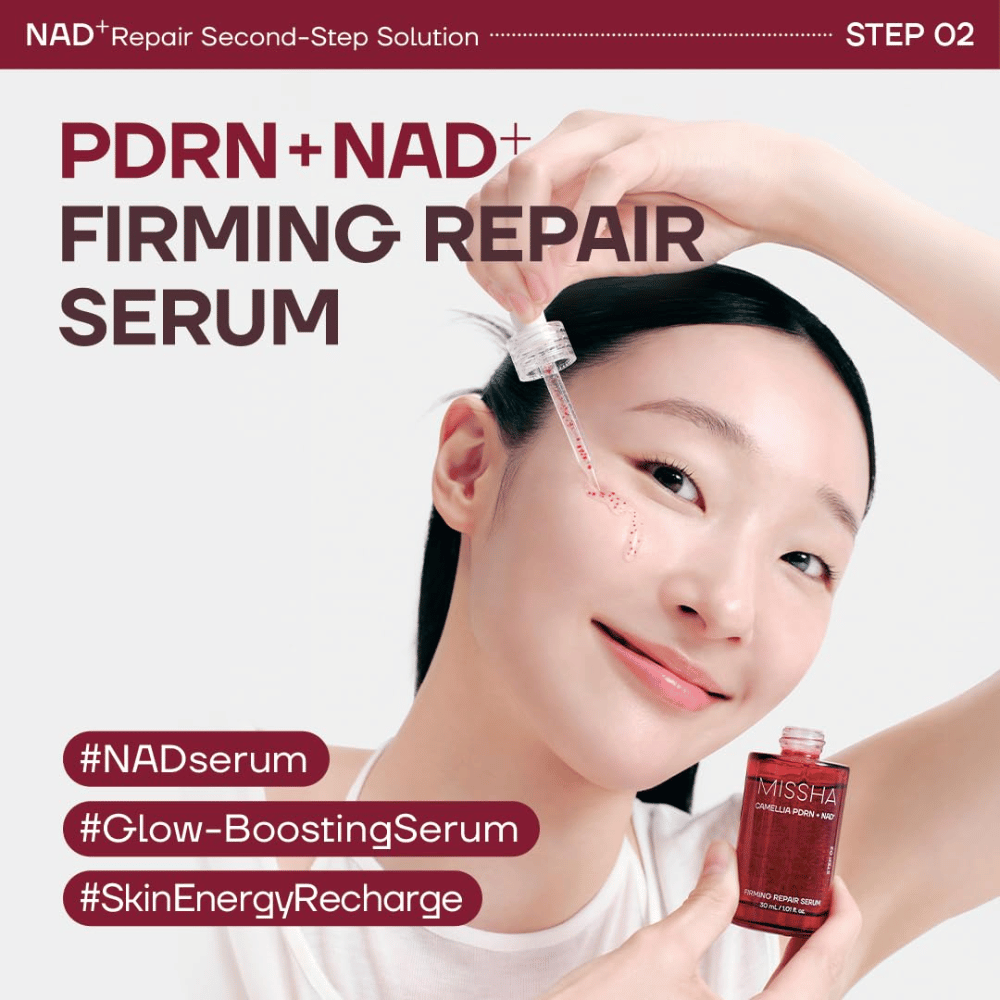 6. MISSHA Camellia PDRN NAD+ Firming Repair Serum – model applies moisturizing serum with a dropper to the cheek for radiant skin