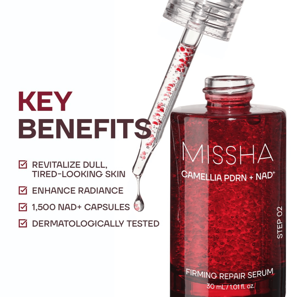 5. MISSHA Camellia PDRN NAD+ Firming Repair Serum – red serum bottle with dropper and visible capsules, as well as the product’s key benefits