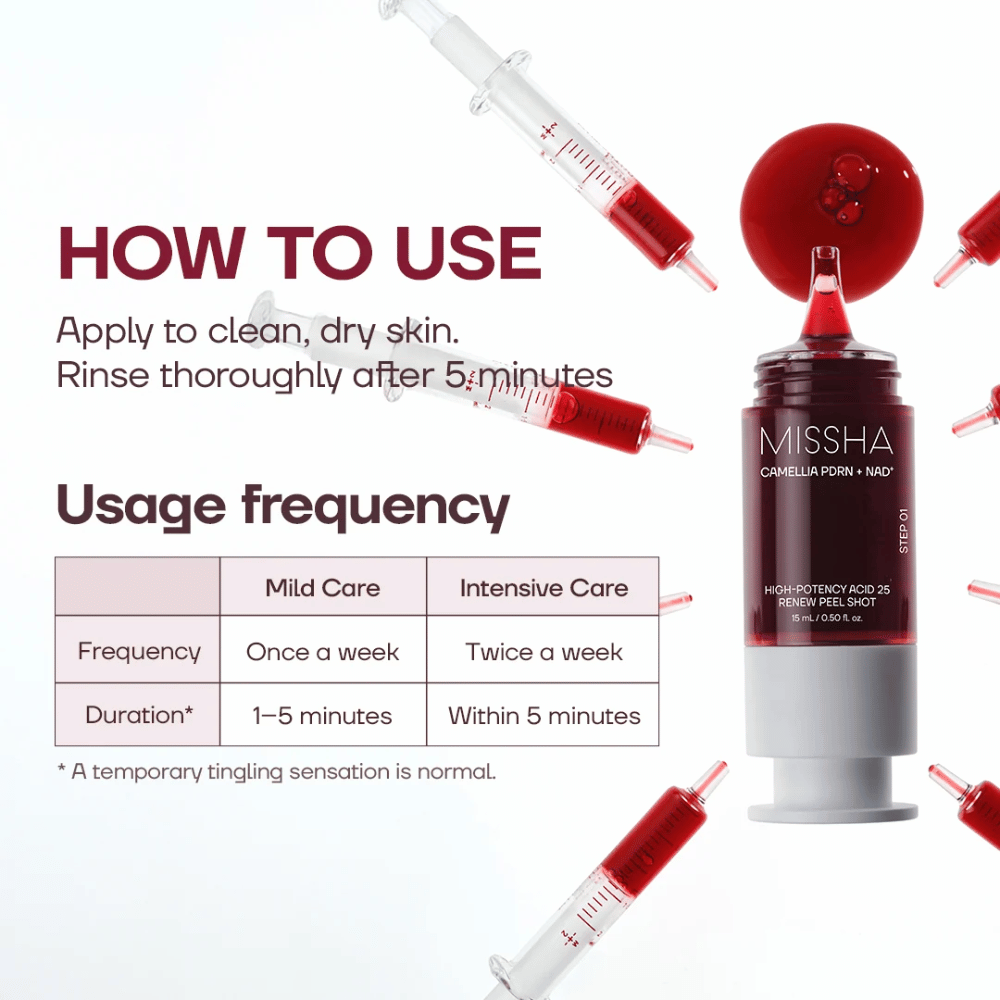 1. MISSHA Camellia PDRN NAD+ High-Potency Acid 25 Renew Peel Shot – instructions for use and recommended exfoliation frequency