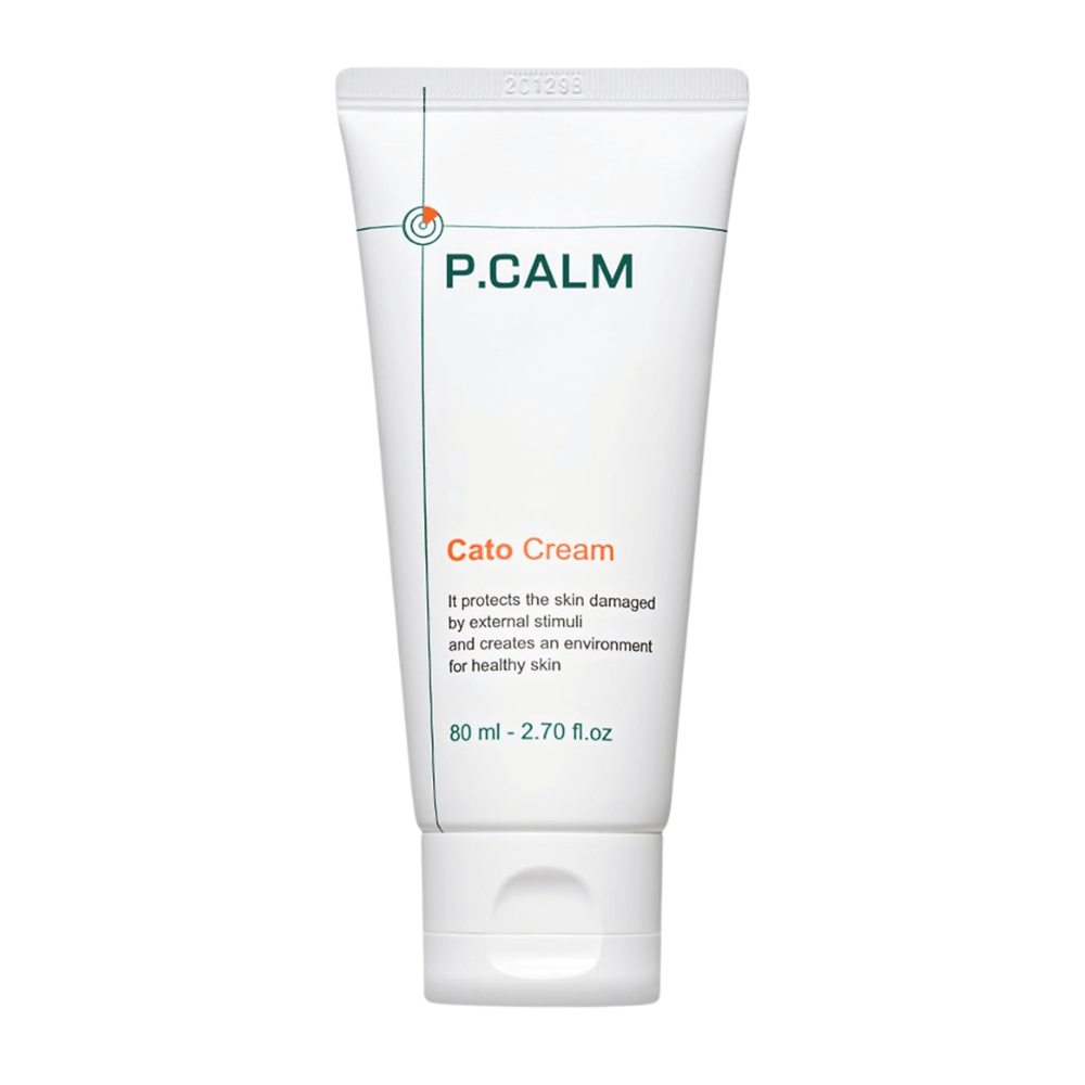 Cut-out product image of P.CALM Cato Cream on a light background. The minimalist tube design highlights the skincare product’s clean and soothing profile for sensitive skin.