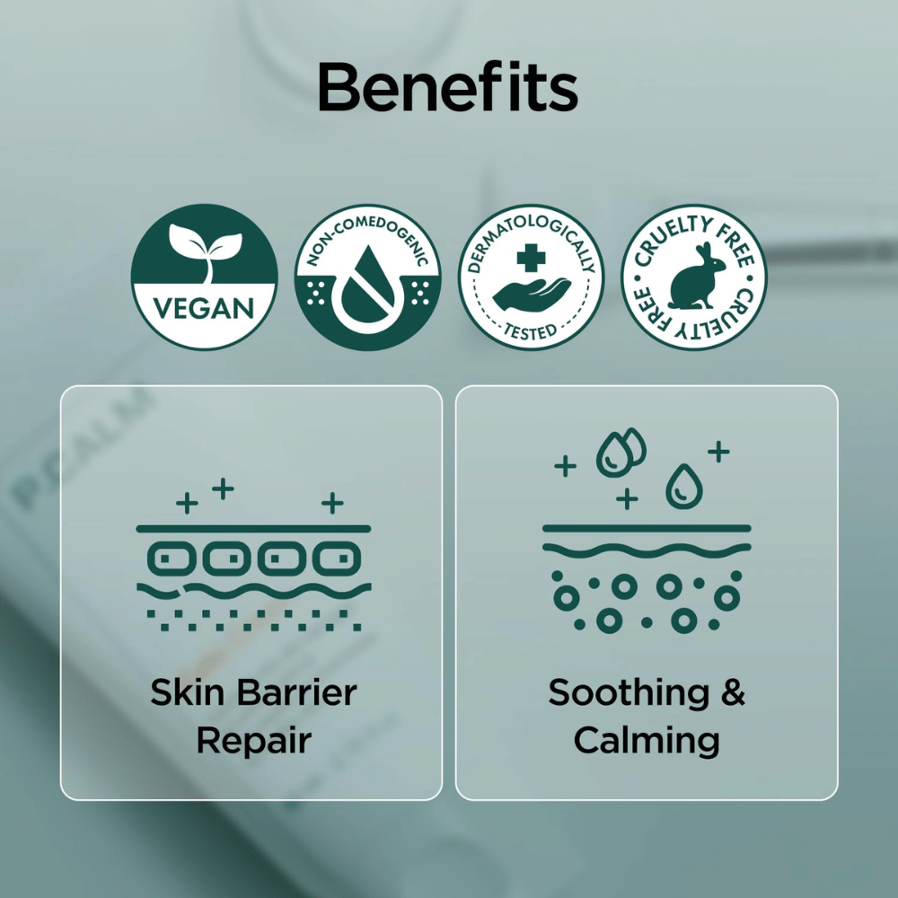 Graphic overview image highlighting the product’s benefits such as a vegan formula, non-comedogenic, dermatologically tested, and cruelty-free. The focus is on skin barrier repair as well as a soothing effect for sensitive skin.