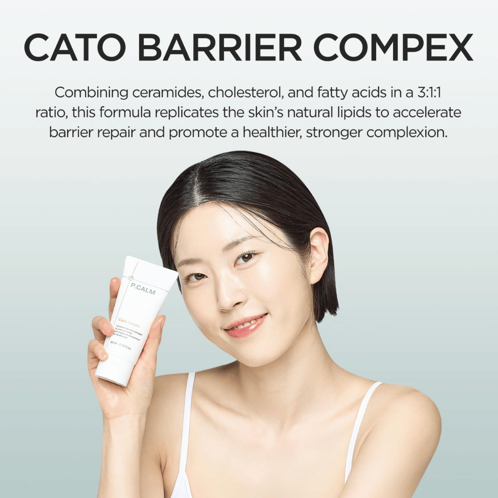 A model holds up P.CALM Cato Cream in front of the face together with information about “Cato Barrier Complex,” which combines ceramides, cholesterol, and fatty acids to strengthen the skin barrier.