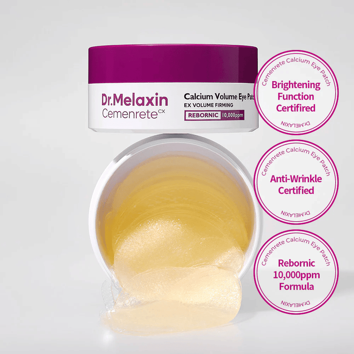 Open jar with hydrogel eye patches from Dr. Melaxin Cemenrete Calcium Volume Eye Patch with Rebornic 10,000 ppm, certified for anti-wrinkle and brightening effect.