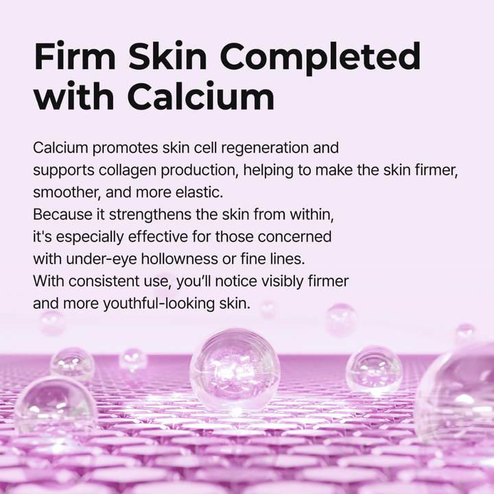 Illustration showing how calcium strengthens the skin's structure and elasticity in Dr. Melaxin Cemenrete Calcium Volume Eye Patch for firmer, smoother, and more youthful skin around the eyes.