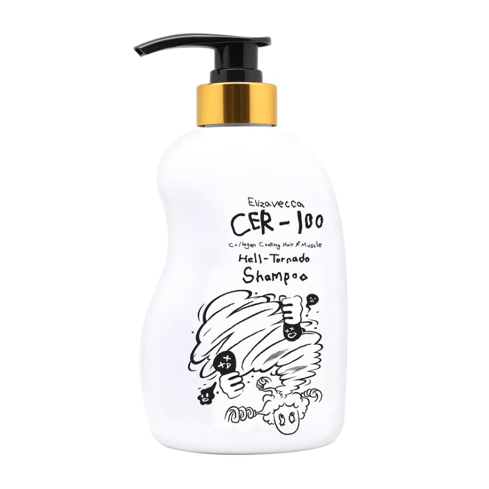 Product image of Elizavecca CER-100 Collagen Coating Hair A+ Muscle Helltornado Shampoo on a white background. The packaging is clearly shown with a pump bottle and the distinctive illustration that characterizes the series.