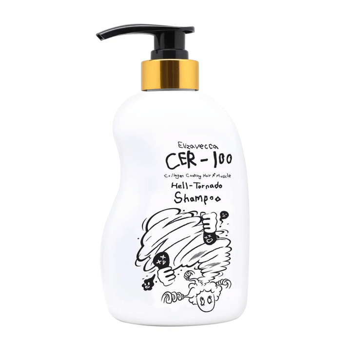 Product image of Elizavecca CER-100 Collagen Coating Hair A+ Muscle Helltornado Shampoo on a white background. The packaging is clearly shown with a pump bottle and the distinctive illustration that characterizes the series.