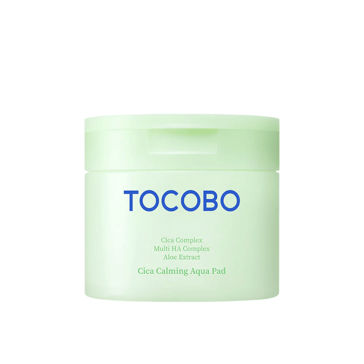 Product image of TOCOBO Cica Calming Aqua Pad on a white background. The packaging is clearly shown with a focus on design and product information.