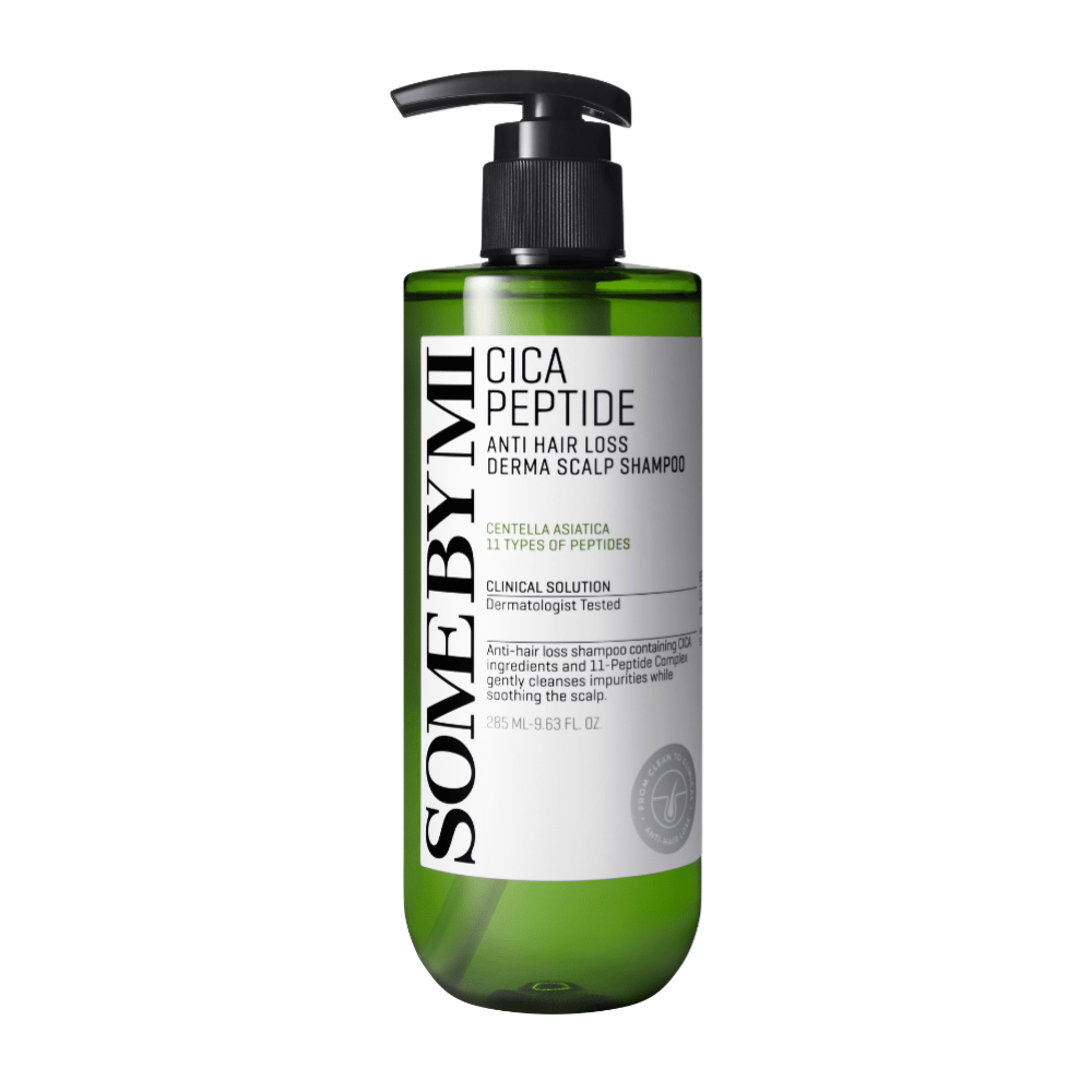 SOME BY MI Cica Peptide Anti Hair Loss Derma Scalp Shampoo in green plastic bottle with black pump and white label with black text.