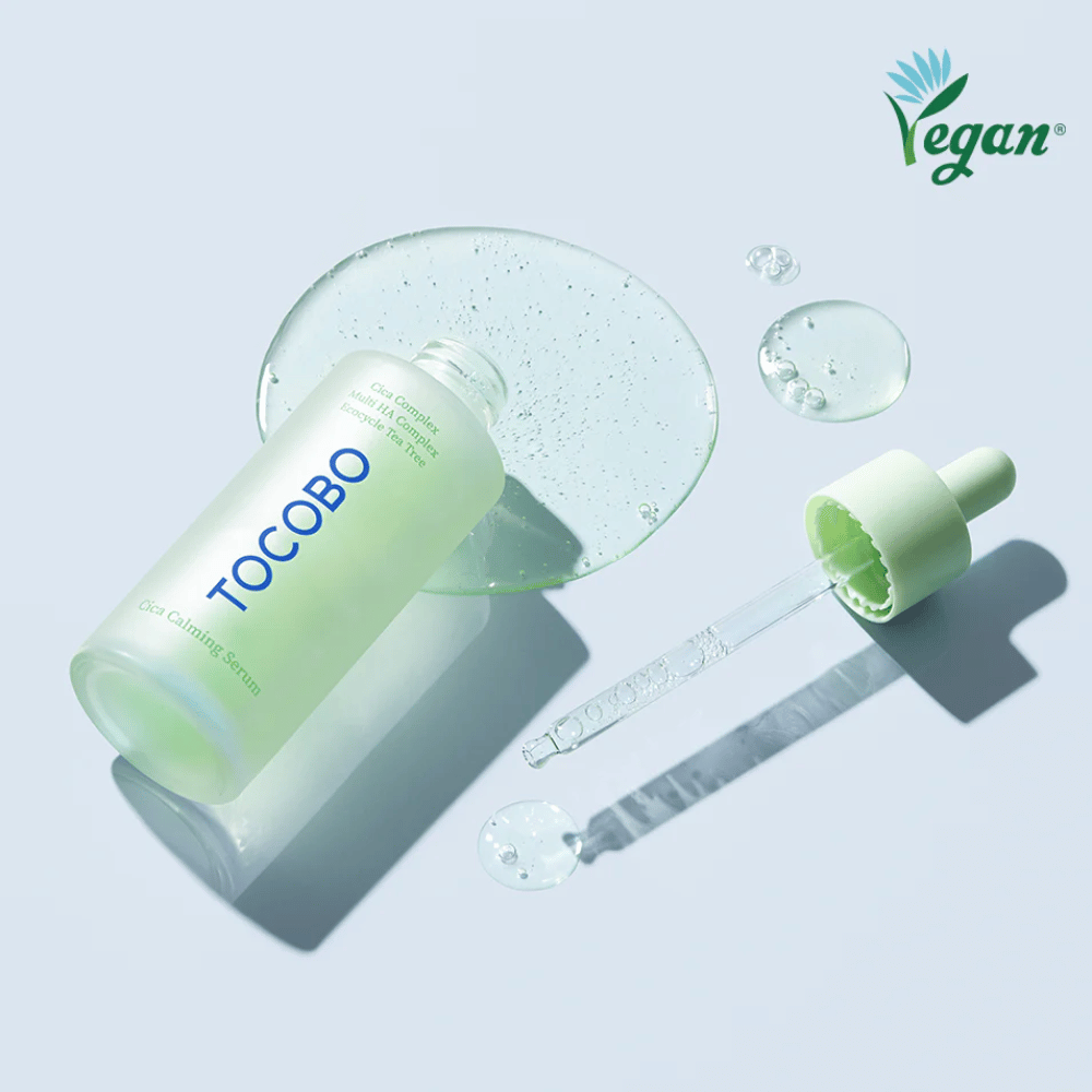 TOCOBO Cica Calming Serum with pipette and gel texture, vegan Korean face serum that soothes sensitive skin and strengthens the skin barrier with cica, multi hyaluronic acid, and tea tree.