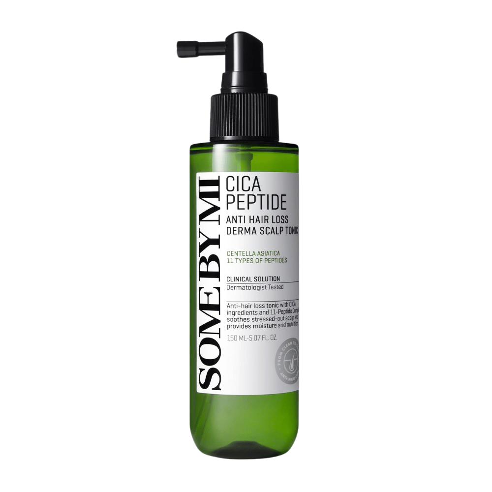 SOME BY MI Cica Peptide Anti Hair Loss Derma Scalp Tonic in green bottle with black spray nozzle and white label, shown against white background.