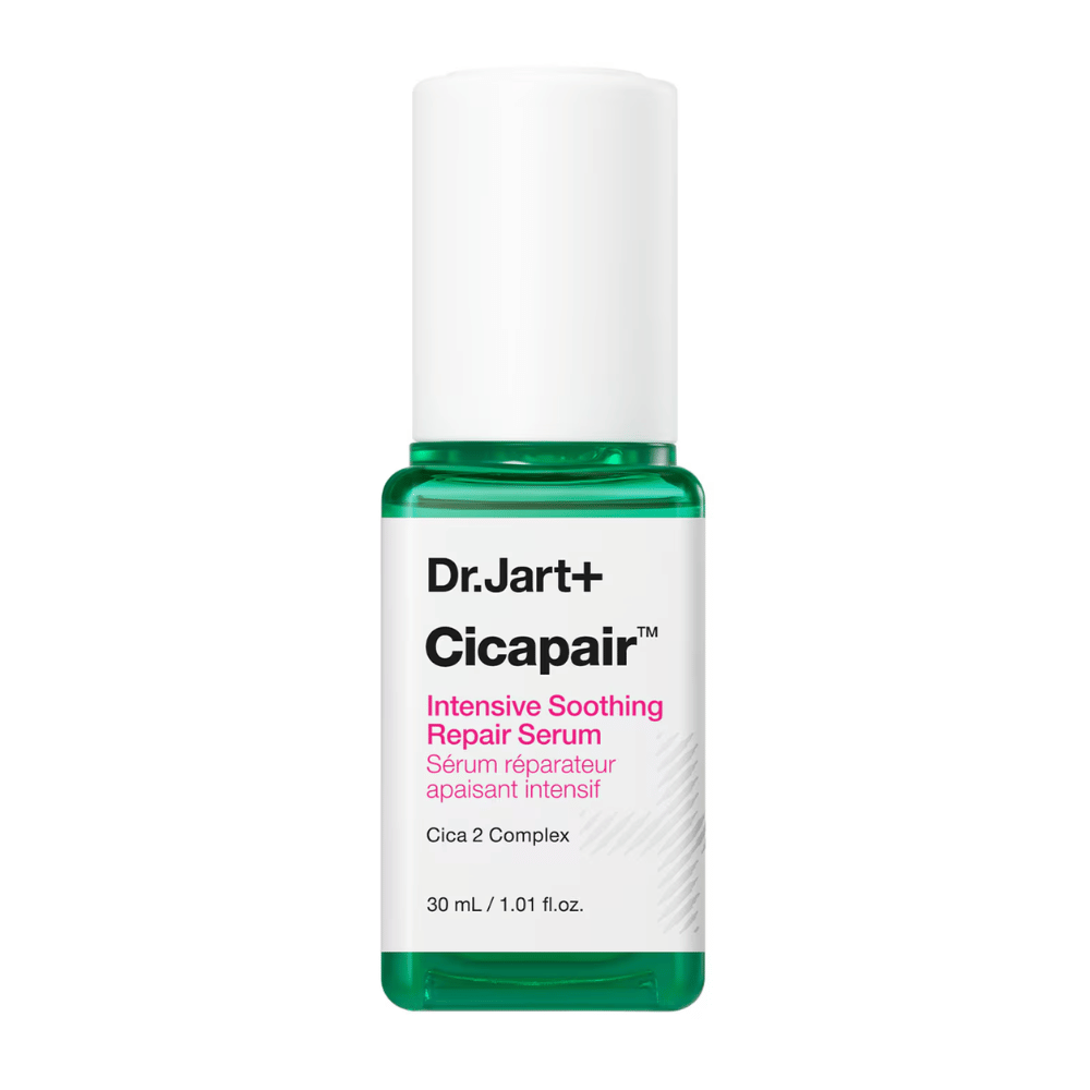 Dr.Jart+ Cicapair Intensive Soothing Repair Serum, 30 ml bottle. The bottle has a white cap with a green base and a label with the text "Cicapair Intensive Soothing Repair Serum" and "Cica 2 Complex".
