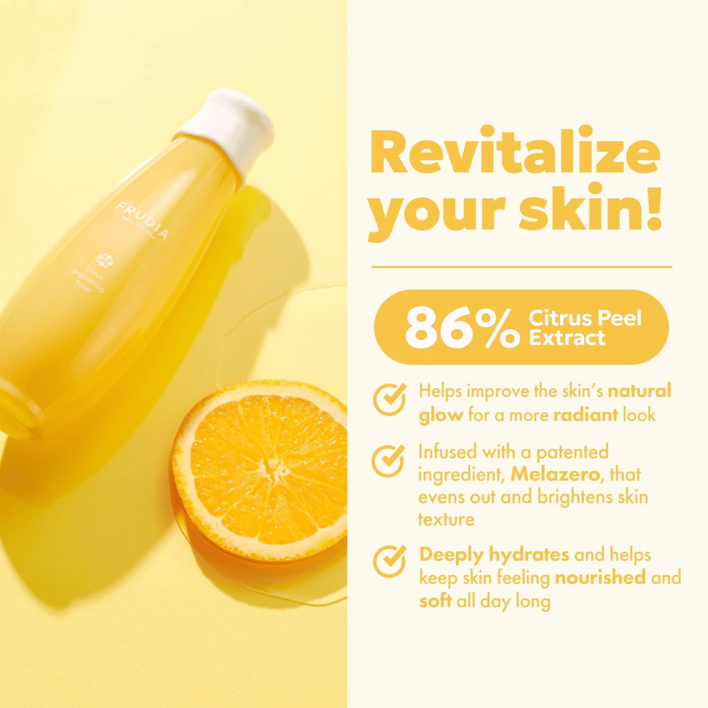 FRUDIA Citrus Brightening Toner with 86% citrus peel extract – hydrating and radiance-boosting toner that improves the skin's natural glow and provides soft, radiant skin.