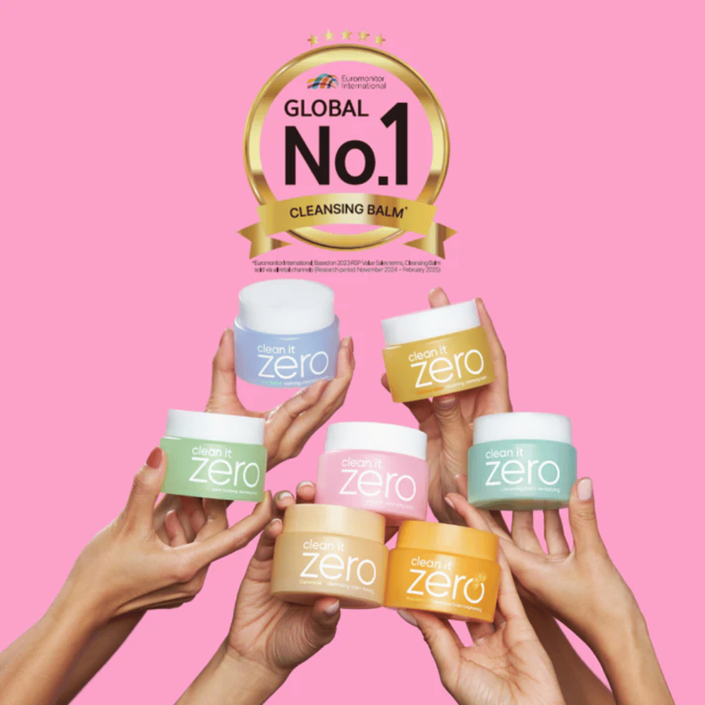 Clean It Zero cleansing balms in multiple varieties held up together with the label Global No.1 Cleansing Balm, popular Korean cleansing for all skin types.