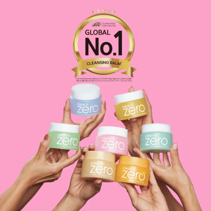 Clean It Zero cleansing balms in multiple varieties held up together with the label Global No.1 Cleansing Balm, popular Korean cleansing for all skin types.