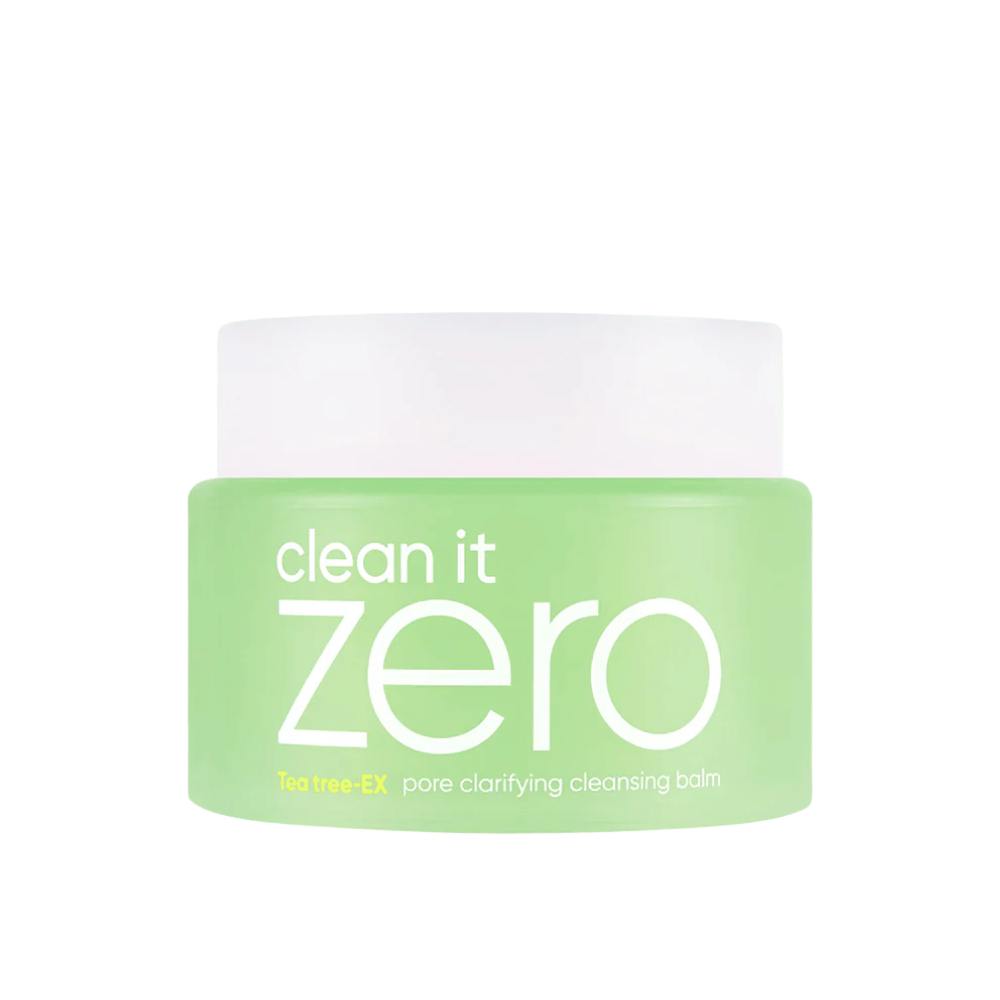 Clean It Zero Tea Tree-EX Pore Clarifying Cleansing Balm in a green jar on a white background, developed for oily and combination skin needing balancing and pore-cleansing.