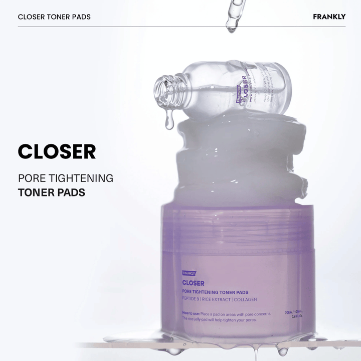 FRANKLY Closer Toner Pads med toner som droppar. Visar produkten fylld med fuktgivande essence för porförfining och uppfräschad hud.