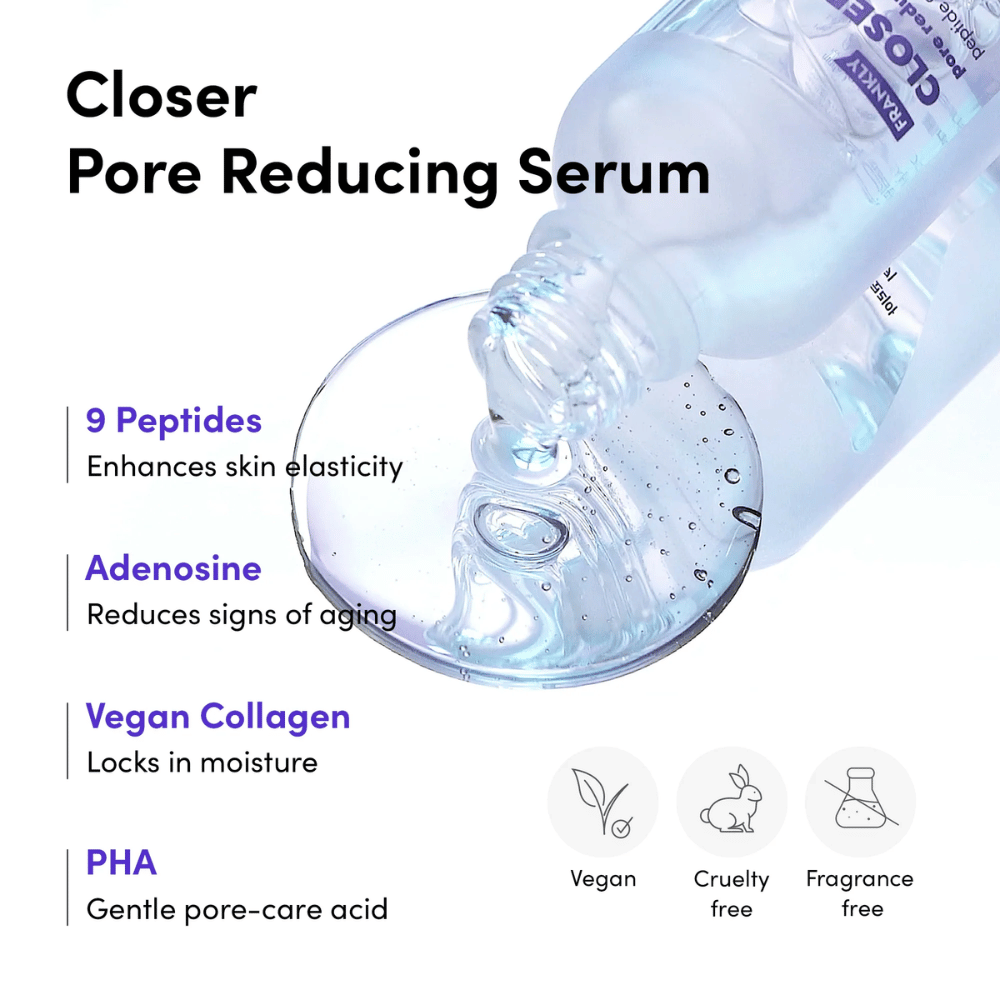 Close-up of FRANKLY Closer Pore Reducing Serum with ingredients: 9 peptides, adenosine, vegan collagen, and PHA. Vegan and cruelty-free formula.