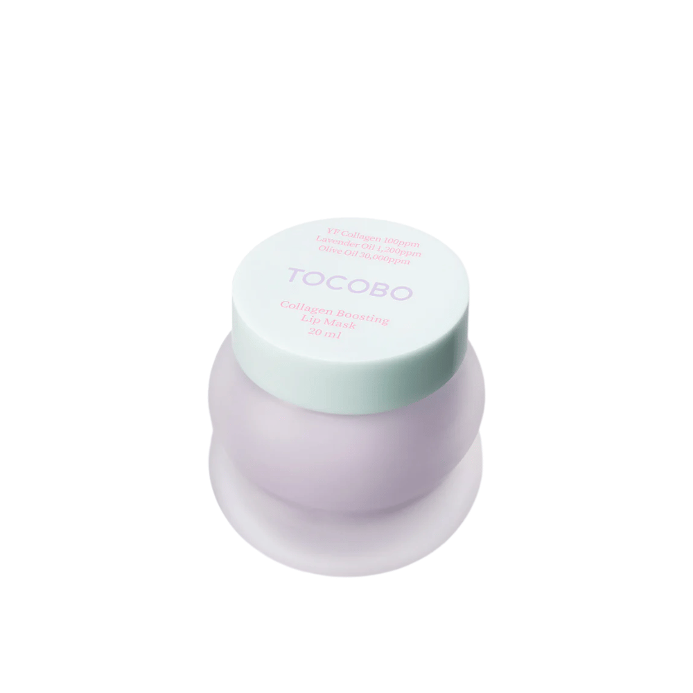 Close-up of a closed jar TOCOBO Collagen Boosting Lip Mask with a mint green lid against a white background.