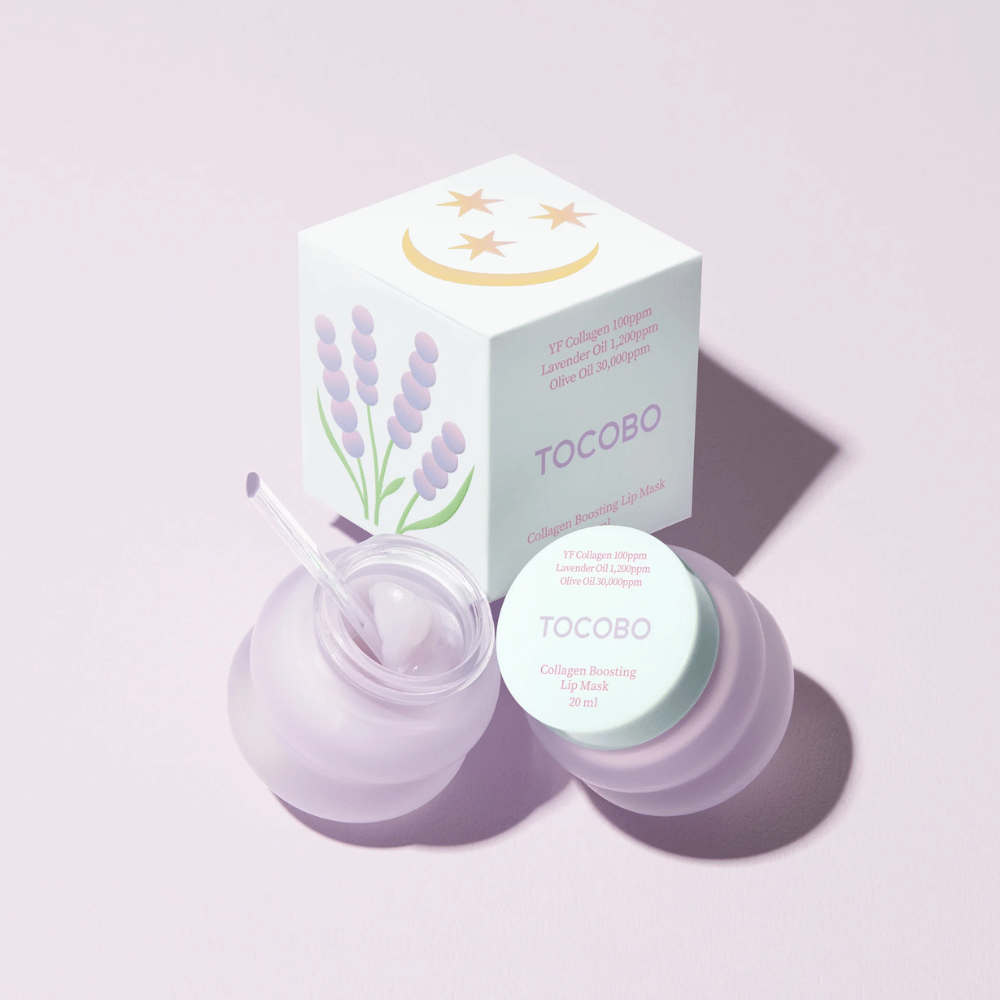 TOCOBO Collagen Boosting Lip Mask with packaging decorated with lavender and moon symbols.