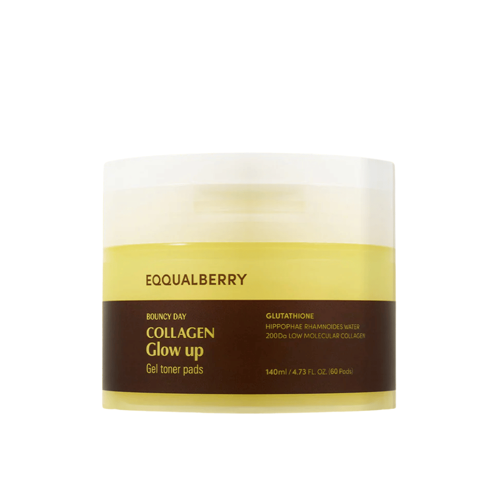 Bouncy Day Collagen Glow Up Gel Toner Pads, containing low molecular collagen and glutathione, to improve skin elasticity and provide a youthful glow. Package with 60 pads.