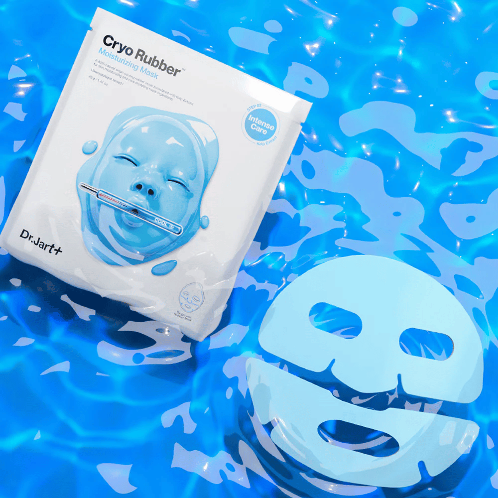 Dr.Jart+ Cryo Rubber Moisturizing Mask in blue packaging lies on water surface along with blue rubber mask. The product is highlighted as intensive moisture care.