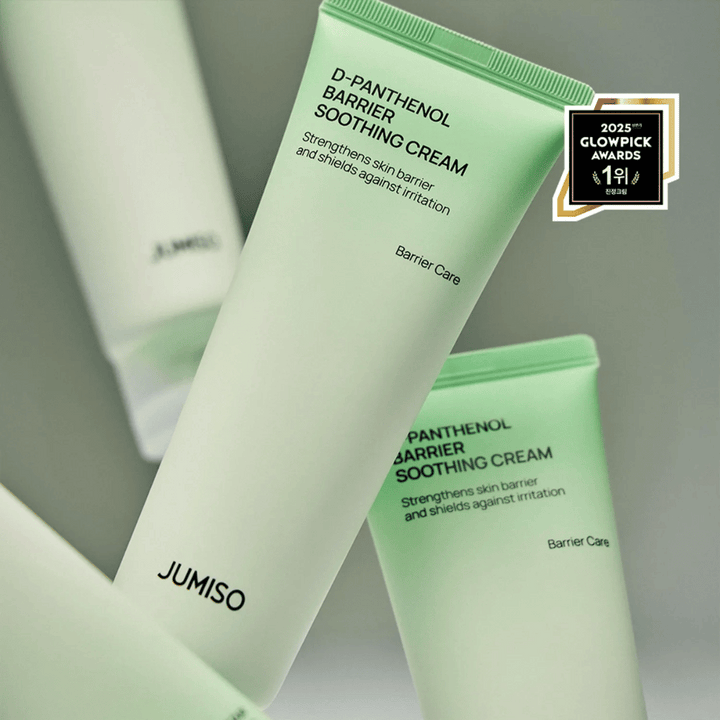 Närbild på Jumiso D-Panthenol Barrier Soothing Cream i grön tub, vinnare av Glowpick Awards 2025.