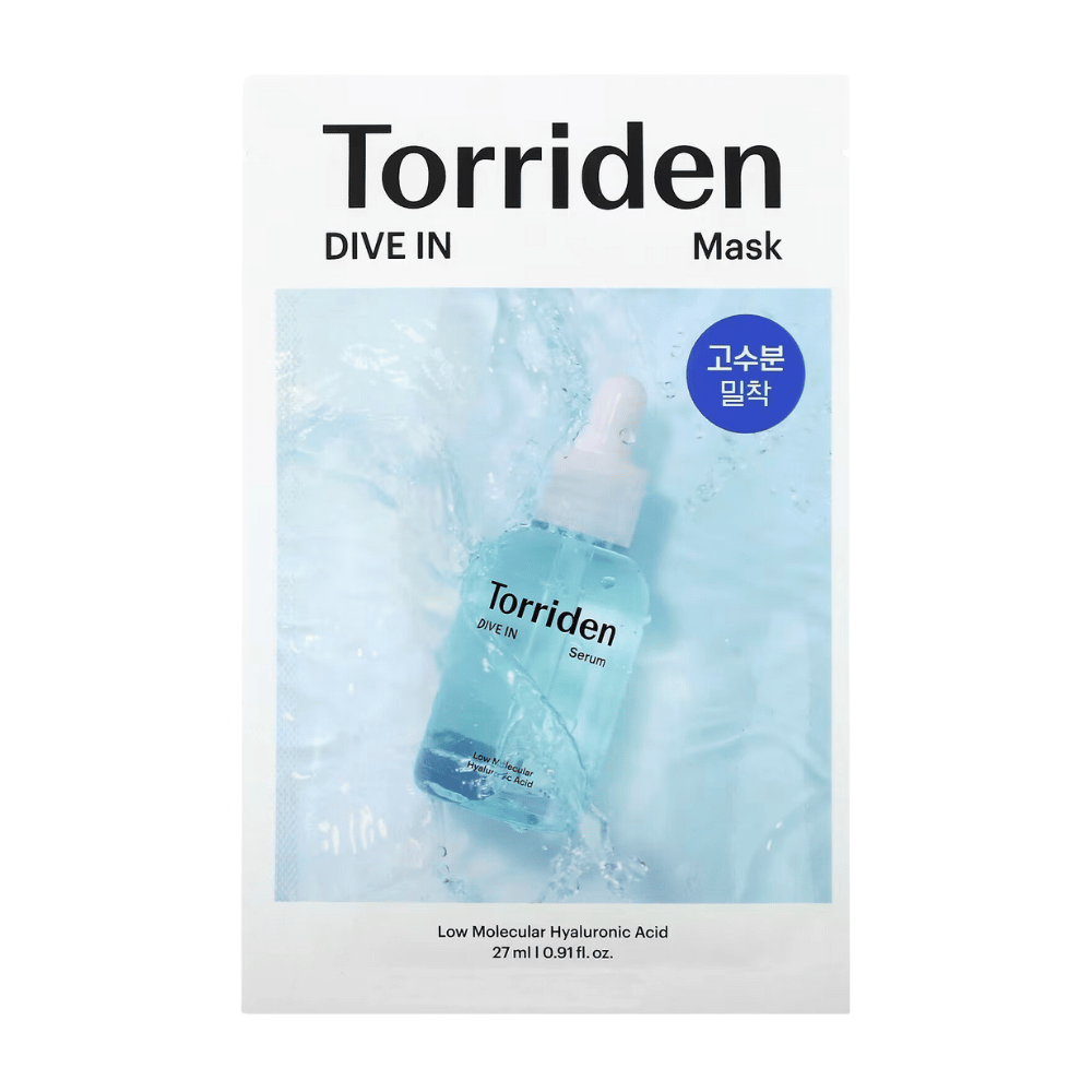 Packaging of "Torriden Dive In Mask" with hyaluronic acid, water background.